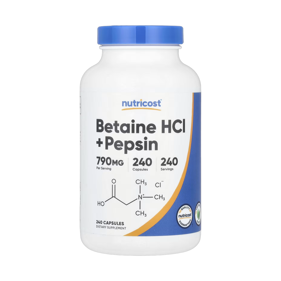 Nutricost, Betaine HCl + Pepsin, 240 Capsules front packaging view