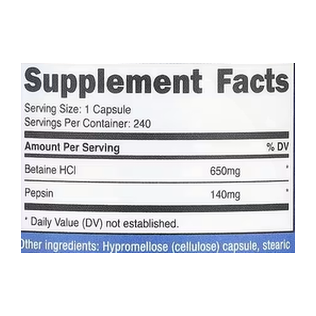 Nutricost, Betaine HCl + Pepsin, 240 Capsules supplement facts label showing ingredients, vitamins, minerals, and serving information