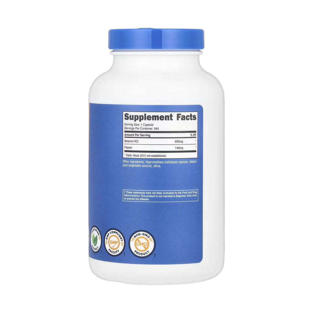 Nutricost, Betaine HCl + Pepsin, 240 Capsules back packaging view