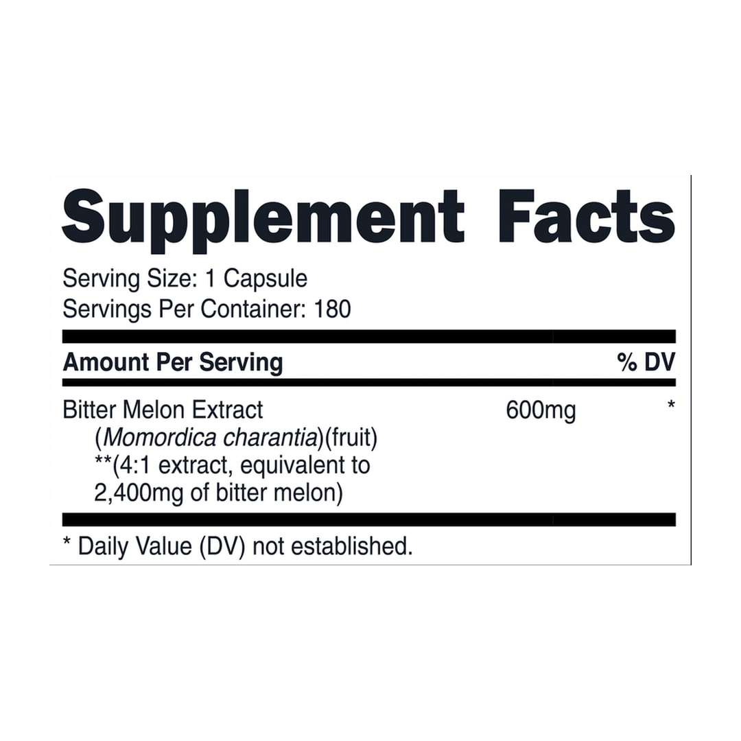 Nutricost, Bitter Melon, 2,400 mg, 180 Capsules supplement facts label showing ingredients, vitamins, minerals, and serving information