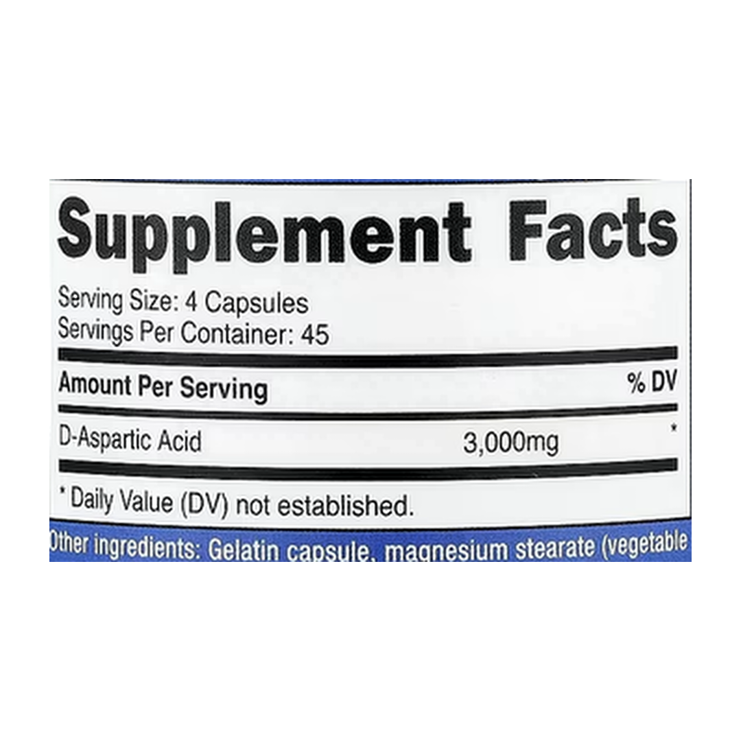 Nutricost, D-Aspartic Acid , 180 Capsules supplement facts label showing ingredients, vitamins, minerals, and serving information