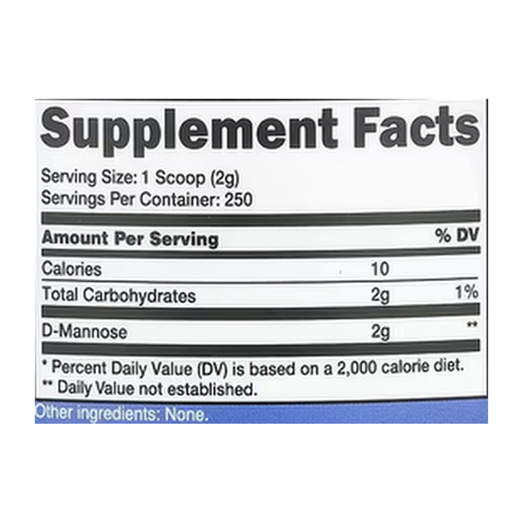 Nutricost, D-Mannose, Unflavored, 17.9 oz, 500 g supplement facts label showing ingredients, vitamins, minerals, and serving information