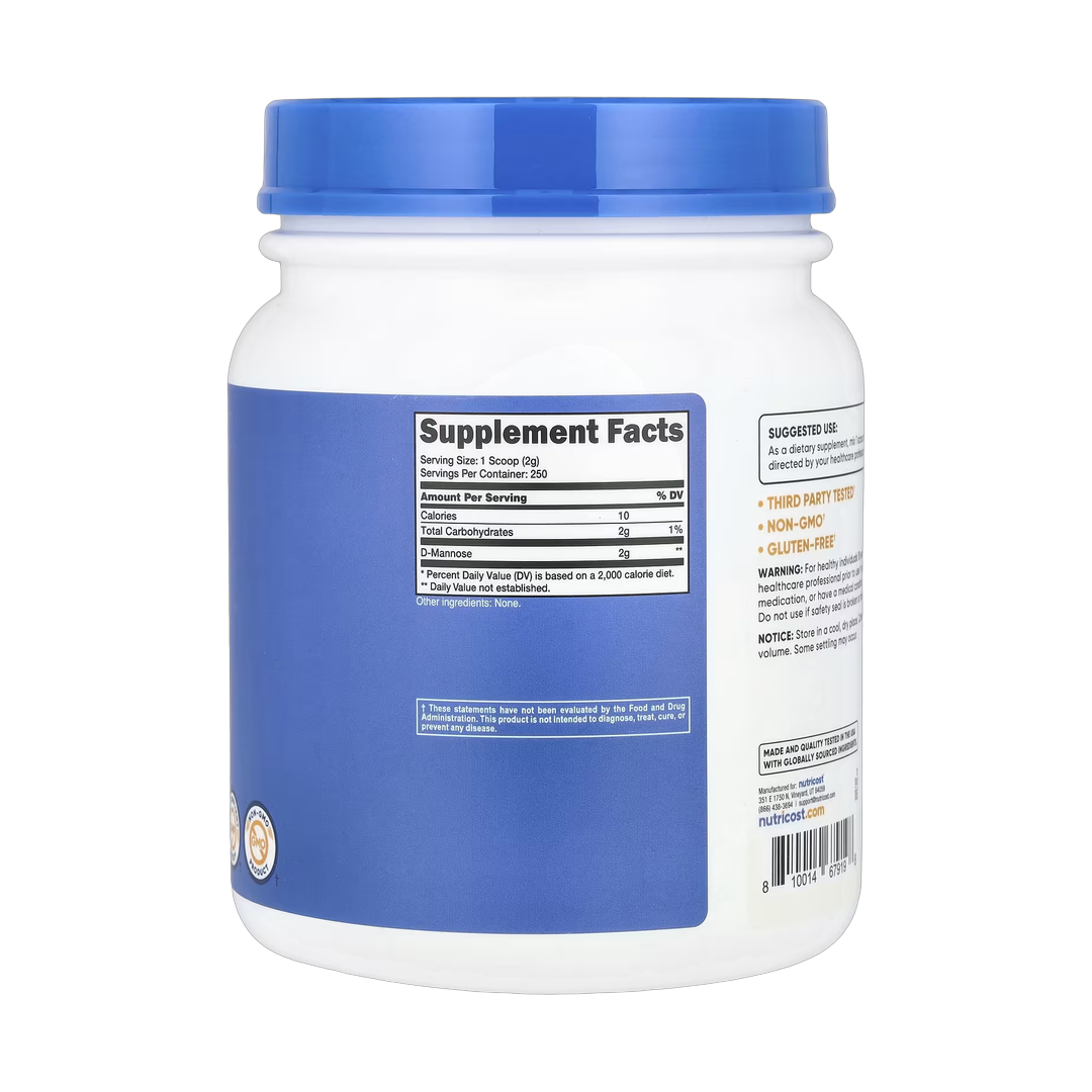 Nutricost, D-Mannose, Unflavored, 17.9 oz, 500 g back packaging view