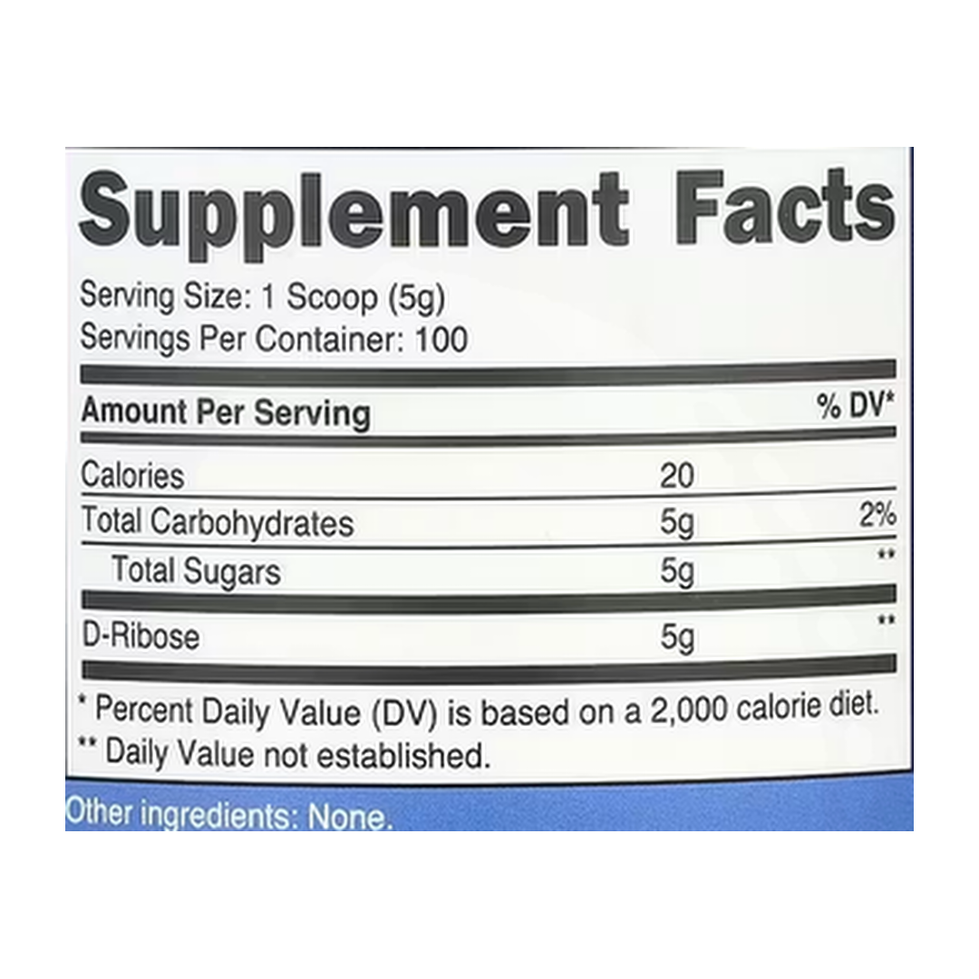 Nutricost, D-Ribose, Unflavored, 17.9 oz, 500 g supplement facts label showing ingredients, vitamins, minerals, and serving information