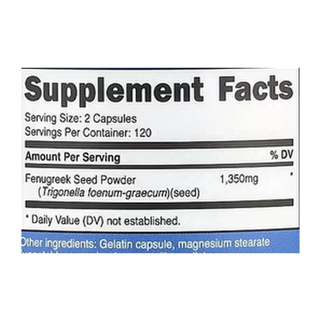 Nutricost, Fenugreek, 240 Capsules supplement facts label showing ingredients, vitamins, minerals, and serving information