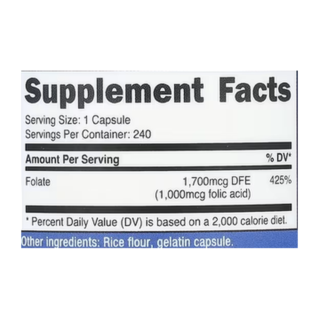 Nutricost, Folic Acid, 1,000 mcg, 240 Capsules supplement facts label showing ingredients, vitamins, minerals, and serving information