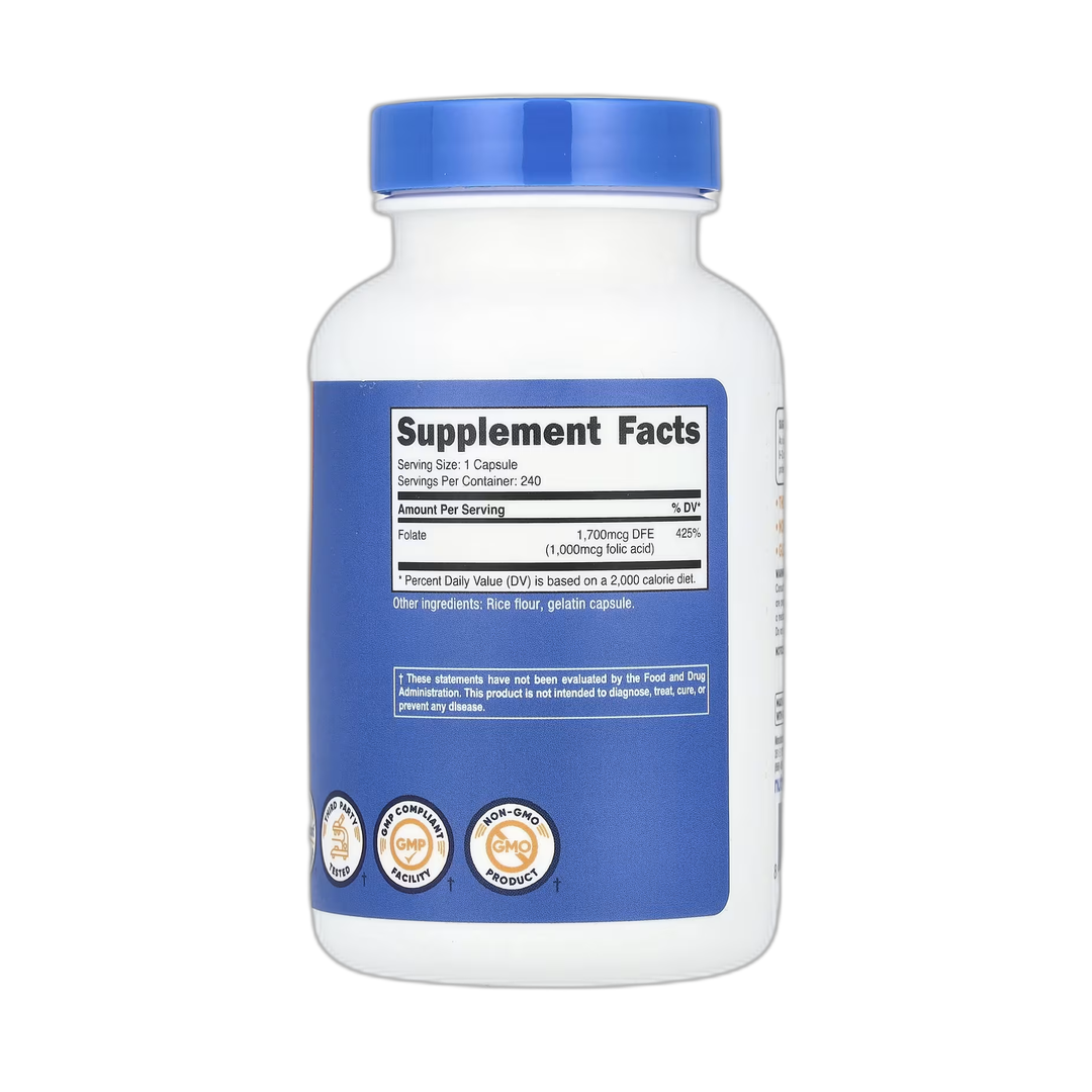 Nutricost, Folic Acid, 1,000 mcg, 240 Capsules back packaging view