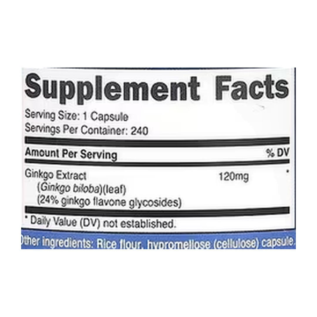 Nutricost, Ginkgo Biloba, 120 mg, 240 Capsules supplement facts label showing ingredients, vitamins, minerals, and serving information