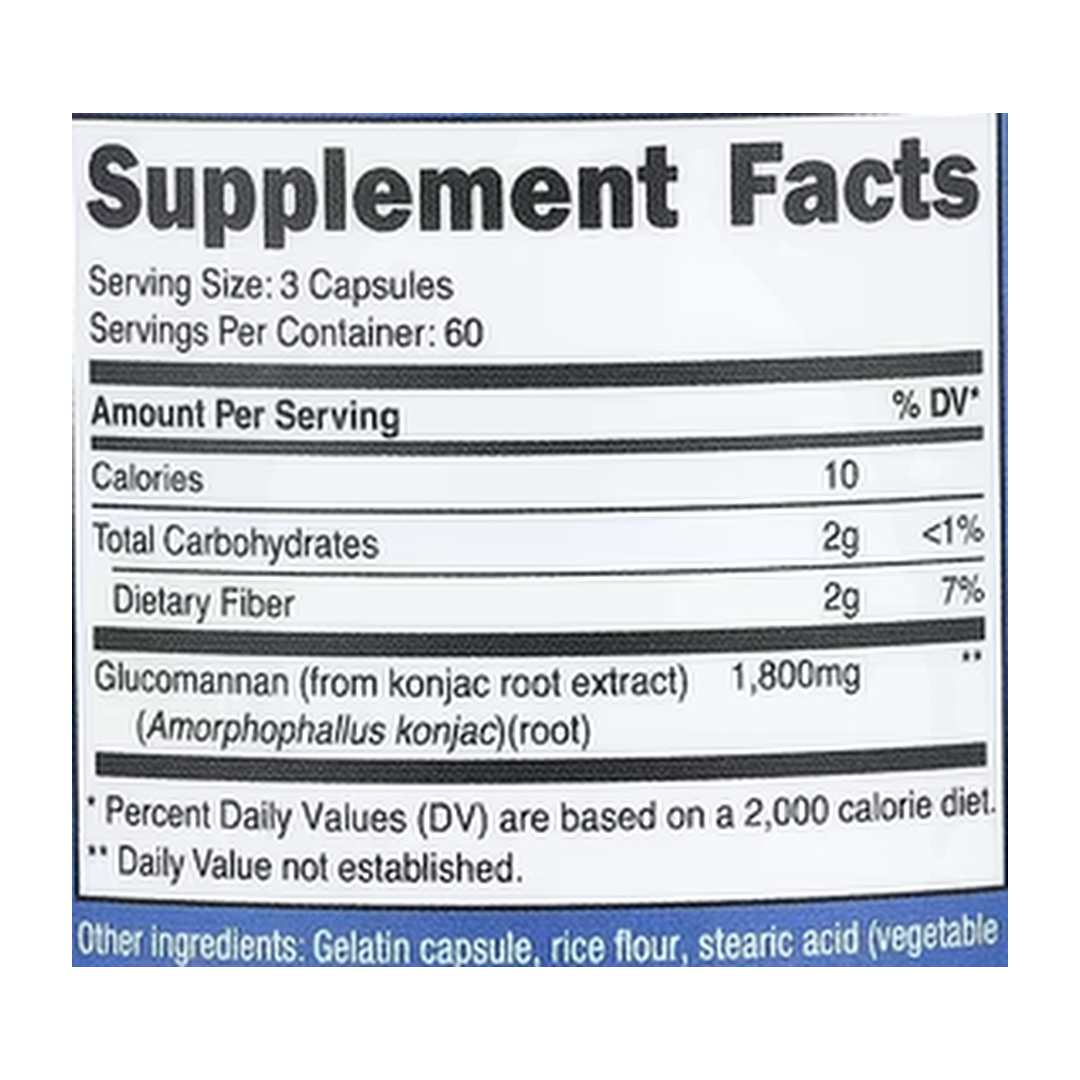 Nutricost, Glucomannan Konjac Root Extract, 180 Capsules supplement facts label showing ingredients, vitamins, minerals, and serving information