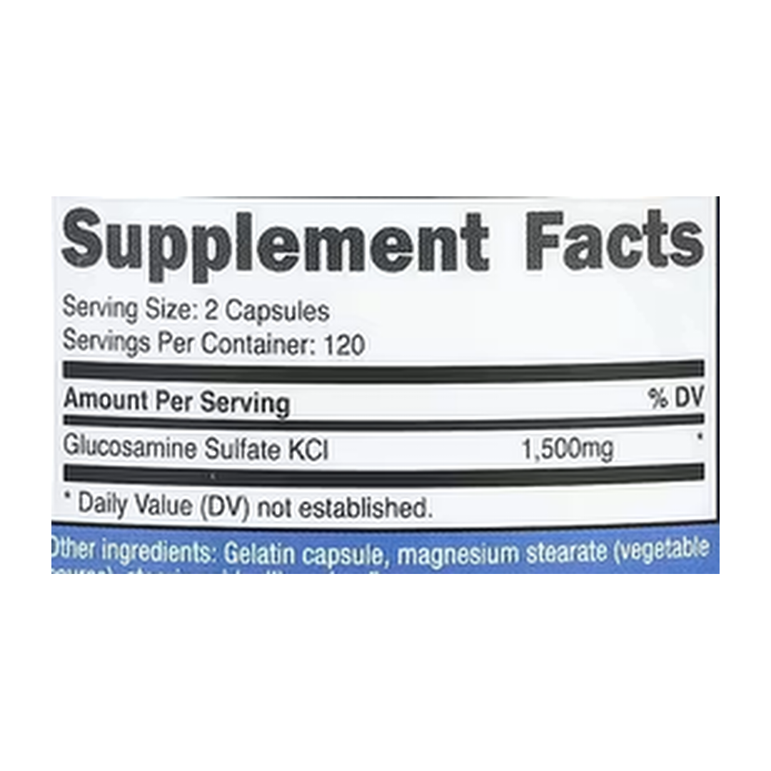 Nutricost, Glucosamine Sulfate, 240 Capsules supplement facts label showing ingredients, vitamins, minerals, and serving information