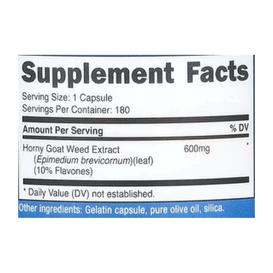 Nutricost, Horny Goat Weed , 600 mg , 180 Capsules supplement facts label showing ingredients, vitamins, minerals, and serving information