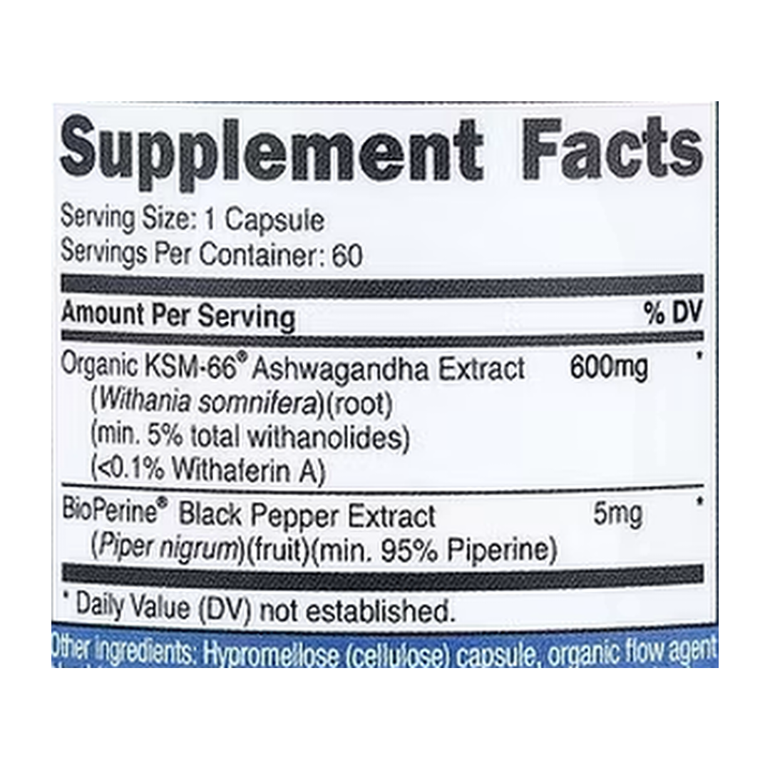 Nutricost, KSM-66®, Ashwagandha Root Extract, 60 Capsules supplement facts label showing ingredients, vitamins, minerals, and serving information