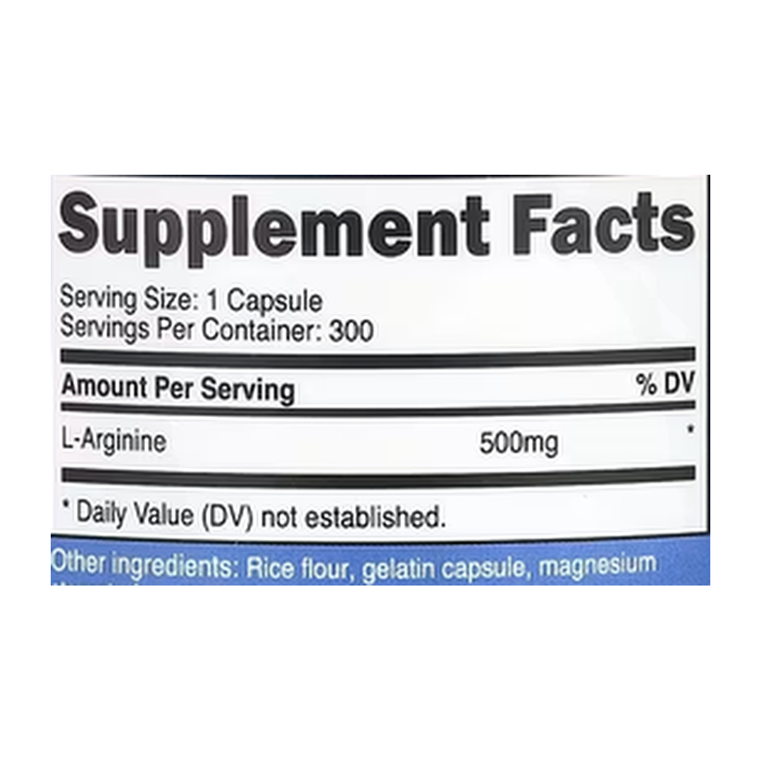 Nutricost, L-Arginine, 500 mg, 300 Capsules supplement facts label showing ingredients, vitamins, minerals, and serving information