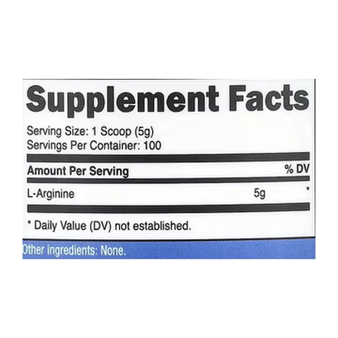 Nutricost, L-Arginine, Unflavored, 17.9 oz, 500 g supplement facts label showing ingredients, vitamins, minerals, and serving information