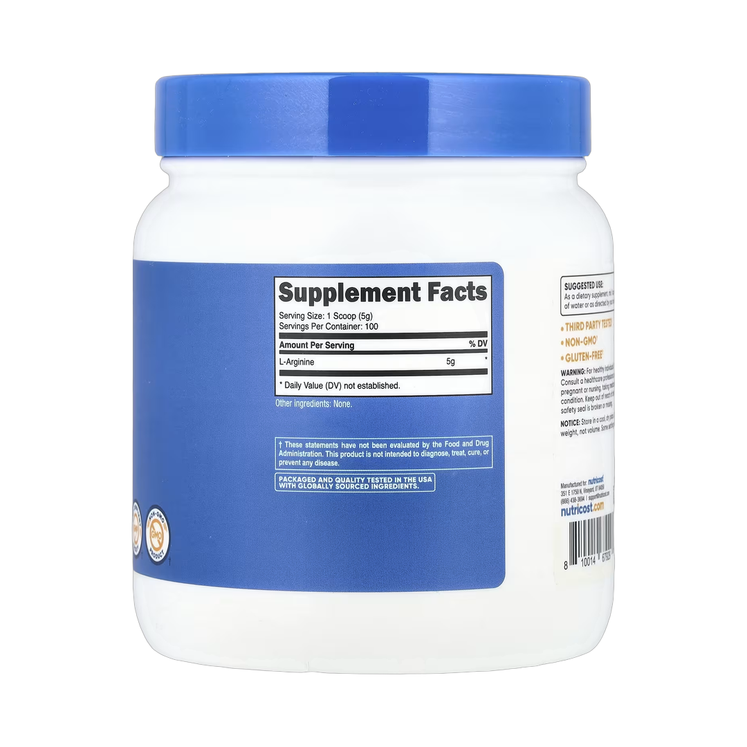 Nutricost, L-Arginine, Unflavored, 17.9 oz, 500 g back packaging view