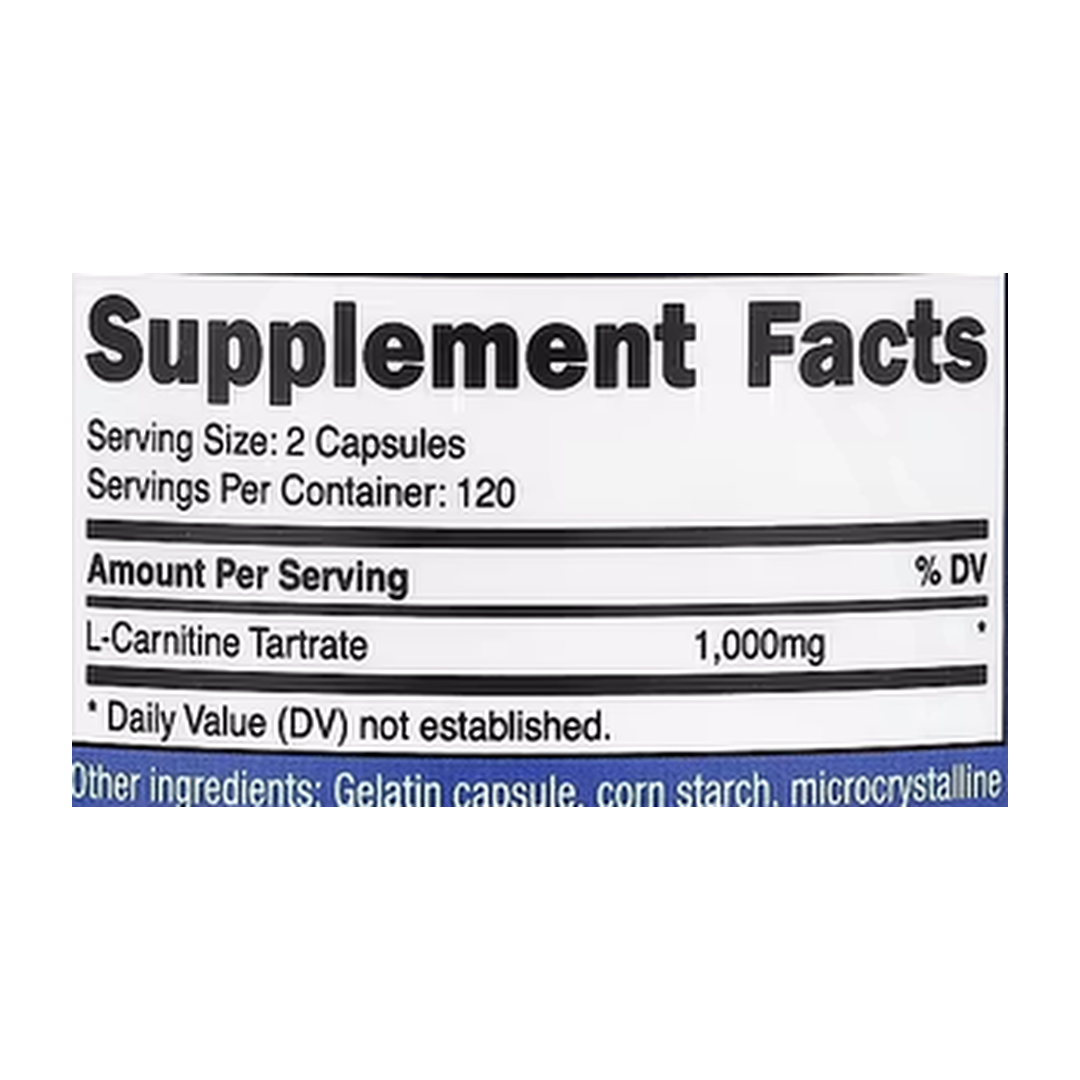 Nutricost, L-Carnitine Tartrate, 240 Capsules supplement facts label showing ingredients, vitamins, minerals, and serving information