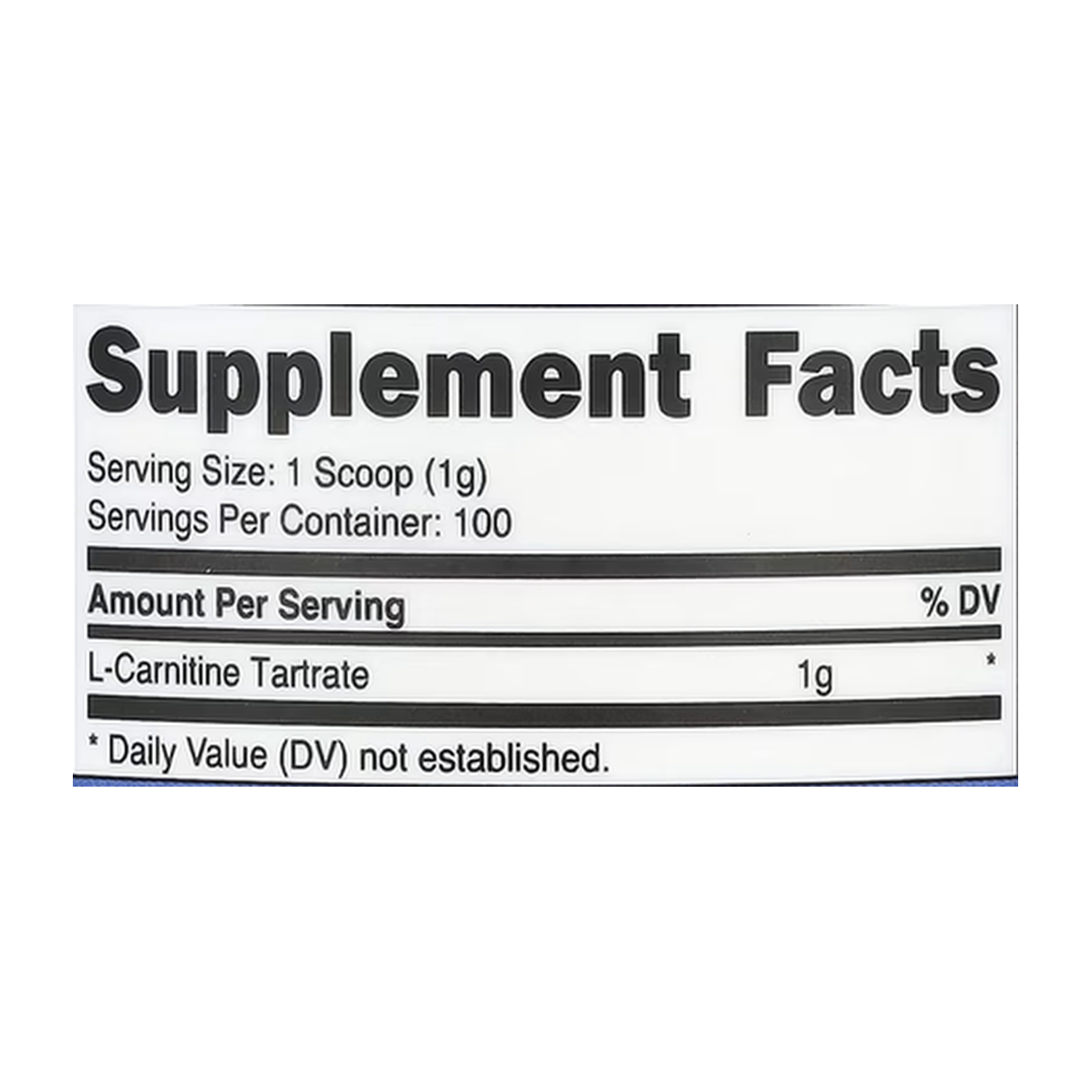 Nutricost, L-Carnitine Tartrate, Unflavored, 3.5 oz, 100 g supplement facts label showing ingredients, vitamins, minerals, and serving information