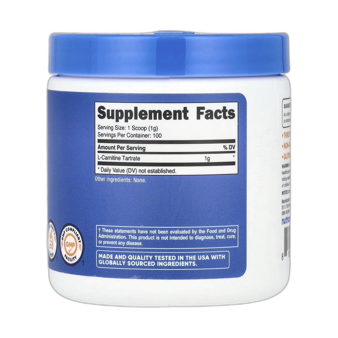 Nutricost, L-Carnitine Tartrate, Unflavored, 3.5 oz, 100 g back packaging view