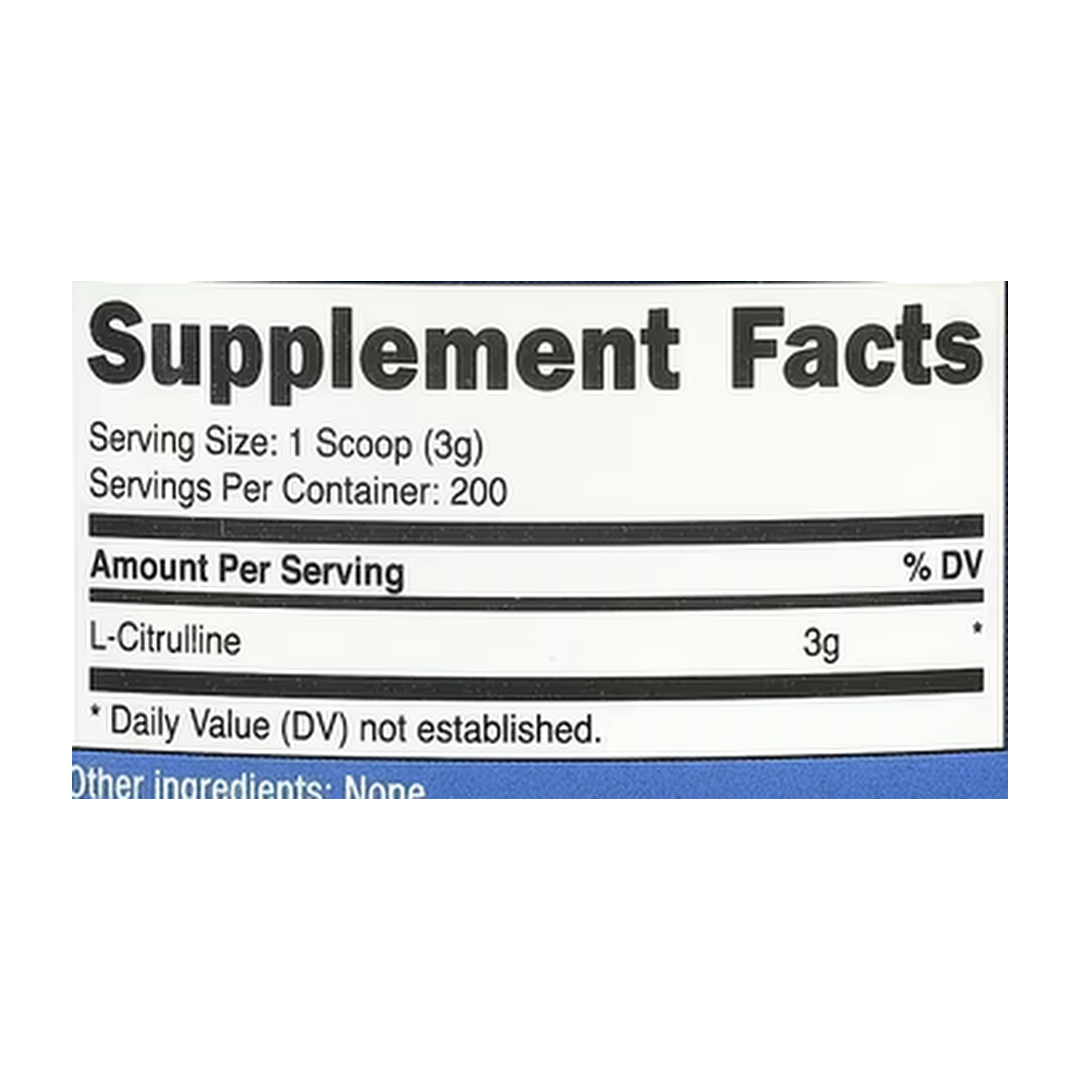 Nutricost, L-Citrulline, Unflavored , 1.3 lb, 600 g supplement facts label showing ingredients, vitamins, minerals, and serving information