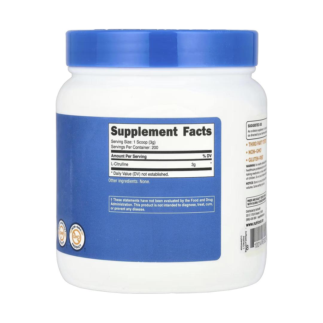 Nutricost, L-Citrulline, Unflavored , 1.3 lb, 600 g back packaging view