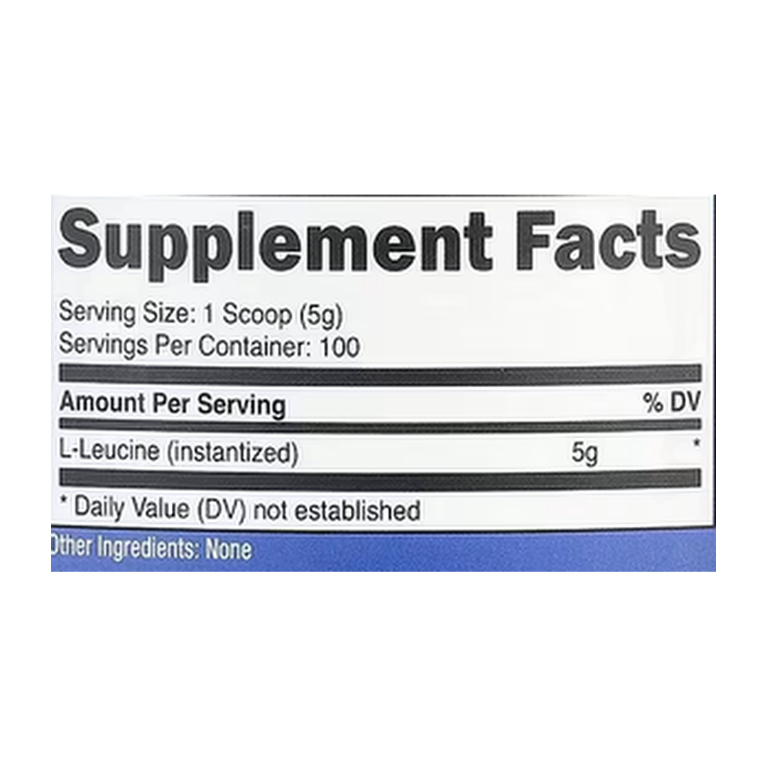Nutricost, L-Leucine, Unflavored, 17.9 oz, 500 g supplement facts label showing ingredients, vitamins, minerals, and serving information