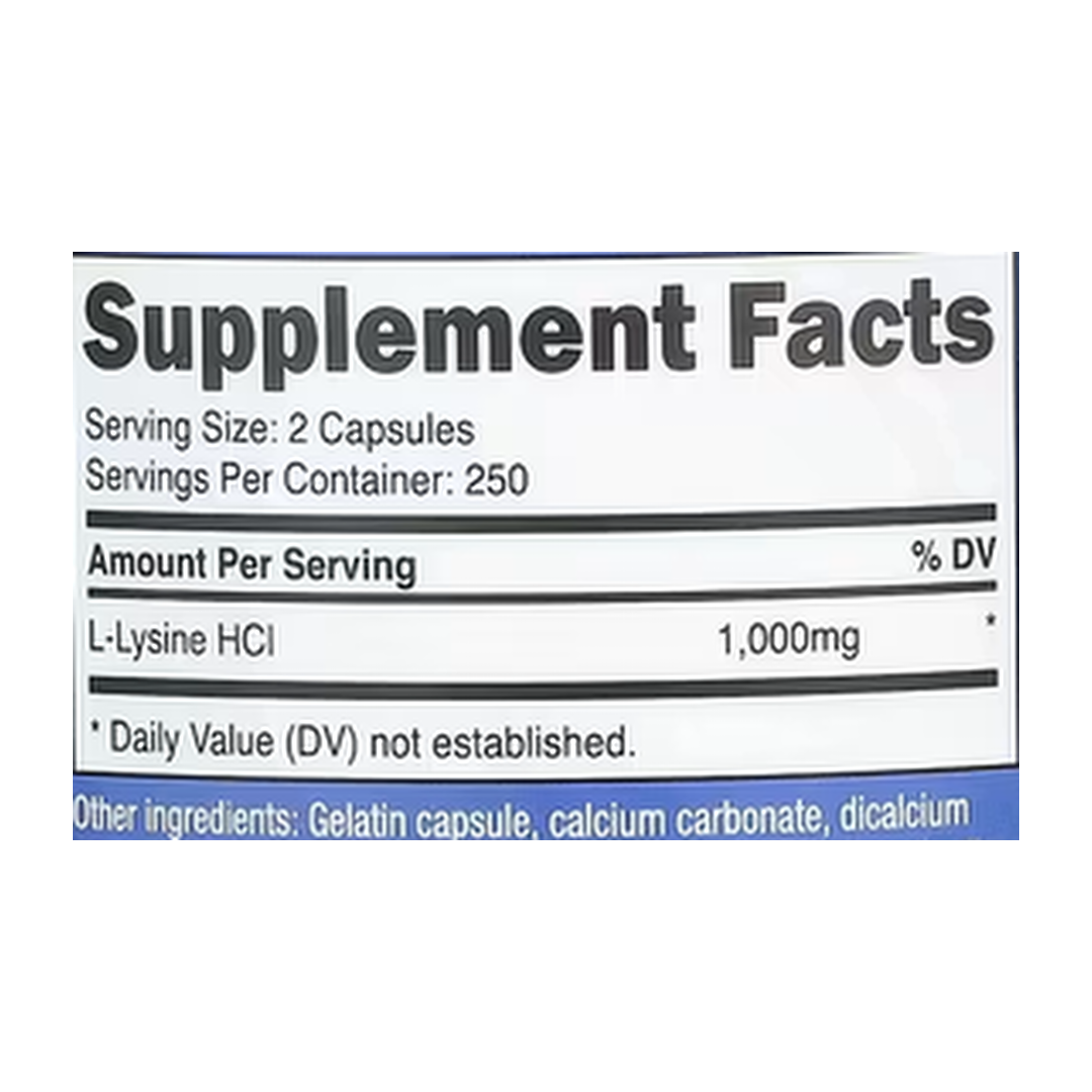Nutricost, L-Lysine, 500 Capsules supplement facts label showing ingredients, vitamins, minerals, and serving information