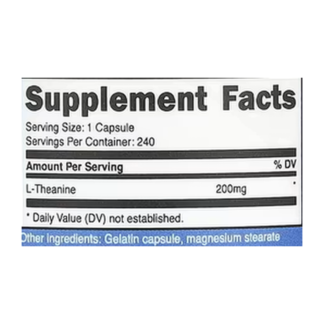 Nutricost, L-Theanine, 200 mg, 240 Capsules supplement facts label showing ingredients, vitamins, minerals, and serving information