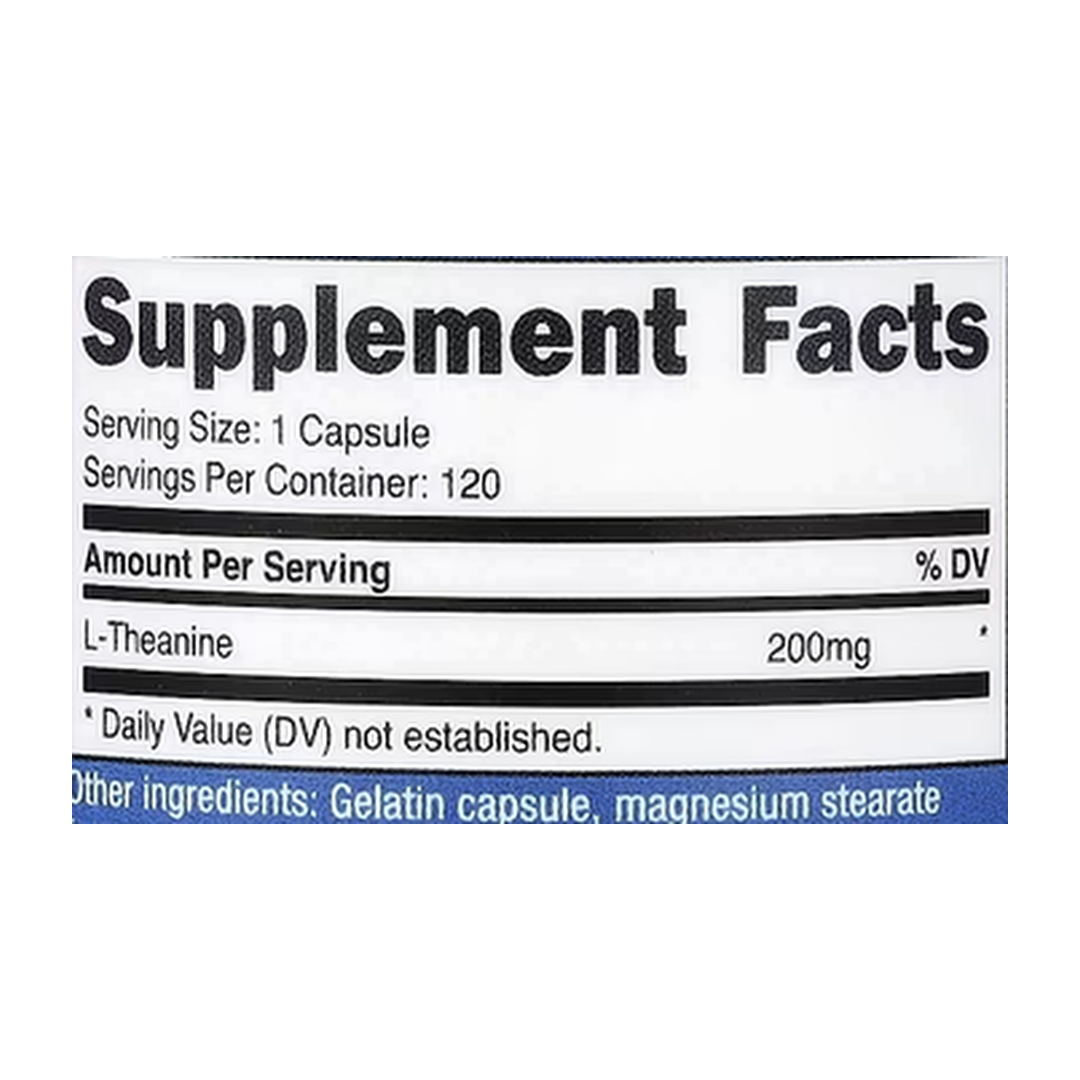 Nutricost, L-Theanine, 200 mg, 120 Capsules supplement facts label showing ingredients, vitamins, minerals, and serving information