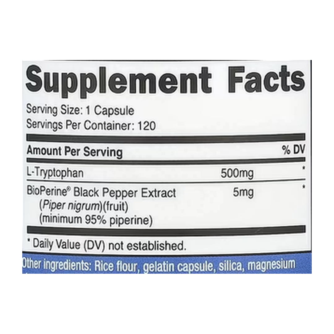 Nutricost, L-Tryptophan, 500 mg, 120 Capsules supplement facts label showing ingredients, vitamins, minerals, and serving information
