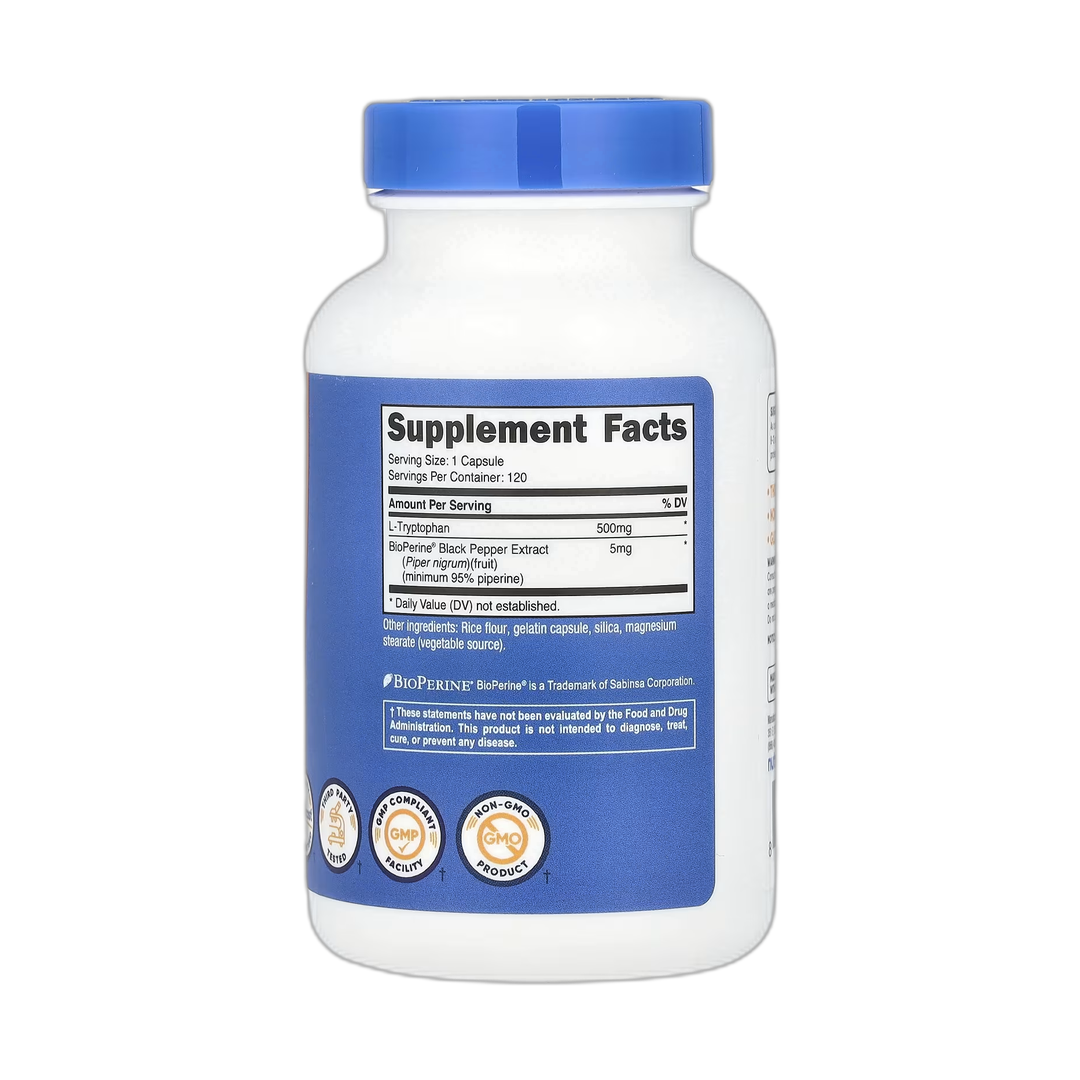 Nutricost, L-Tryptophan, 500 mg, 120 Capsules back packaging view
