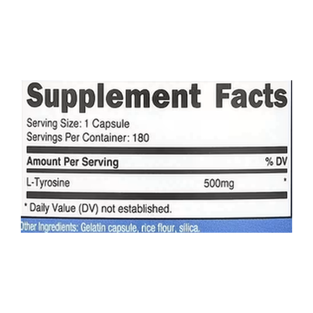 Nutricost, L-Tyrosine, 500 mg, 180 Capsules supplement facts label showing ingredients, vitamins, minerals, and serving information