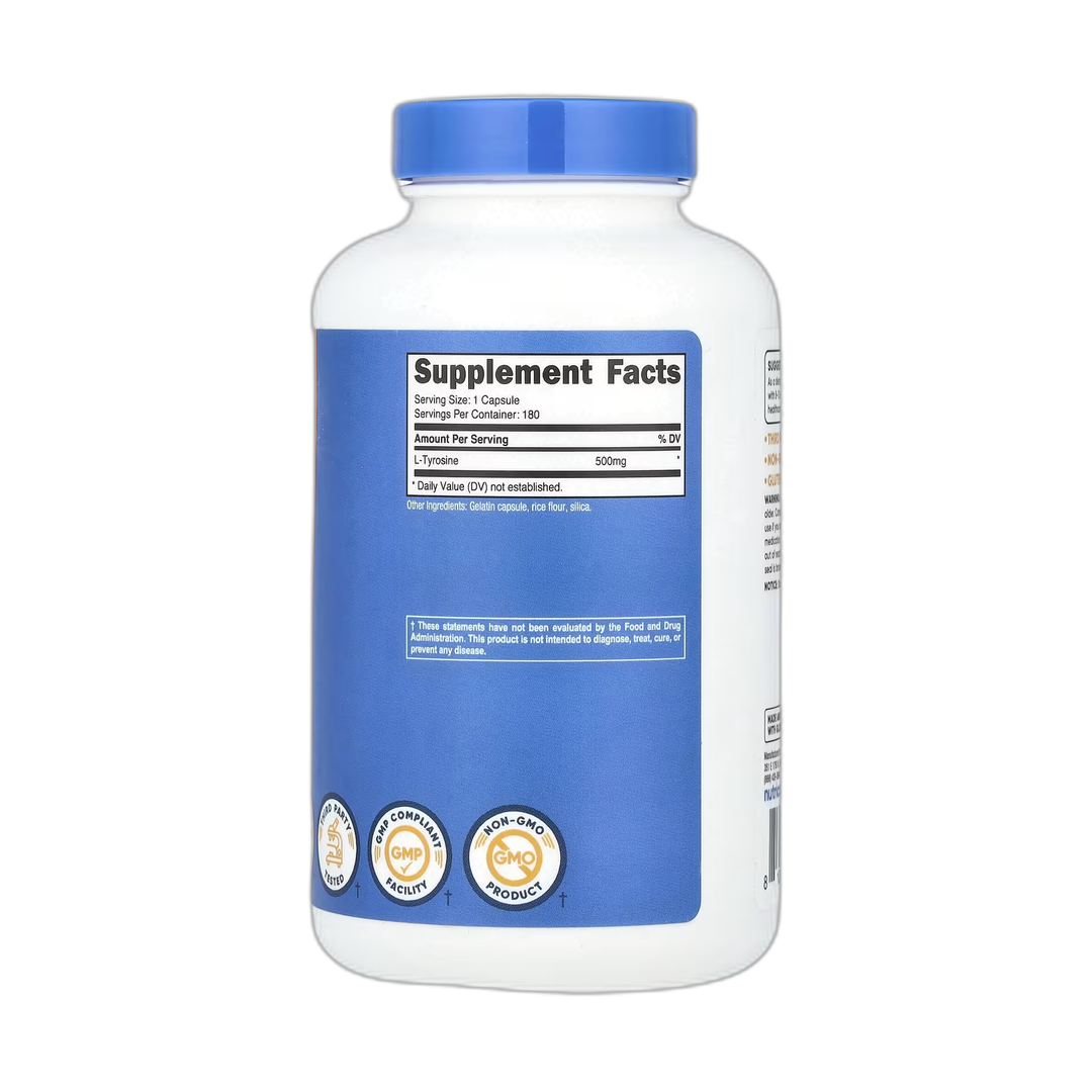 Nutricost, L-Tyrosine, 500 mg, 180 Capsules back packaging view