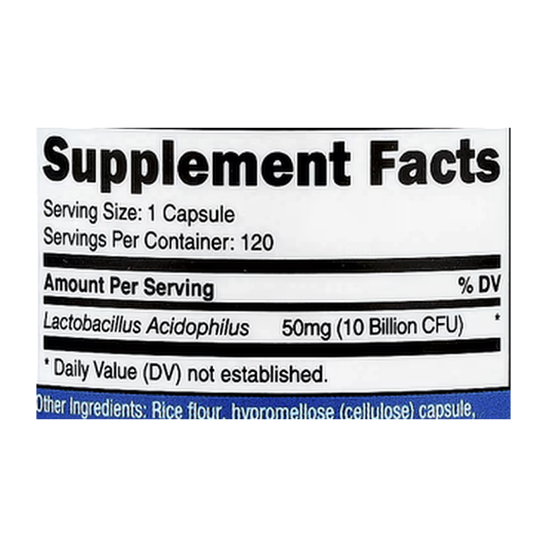 Nutricost, Lactobacillus Acidophilus, 50 mg (10 Billion CFU), 120 Capsules supplement facts label showing ingredients, vitamins, minerals, and serving information