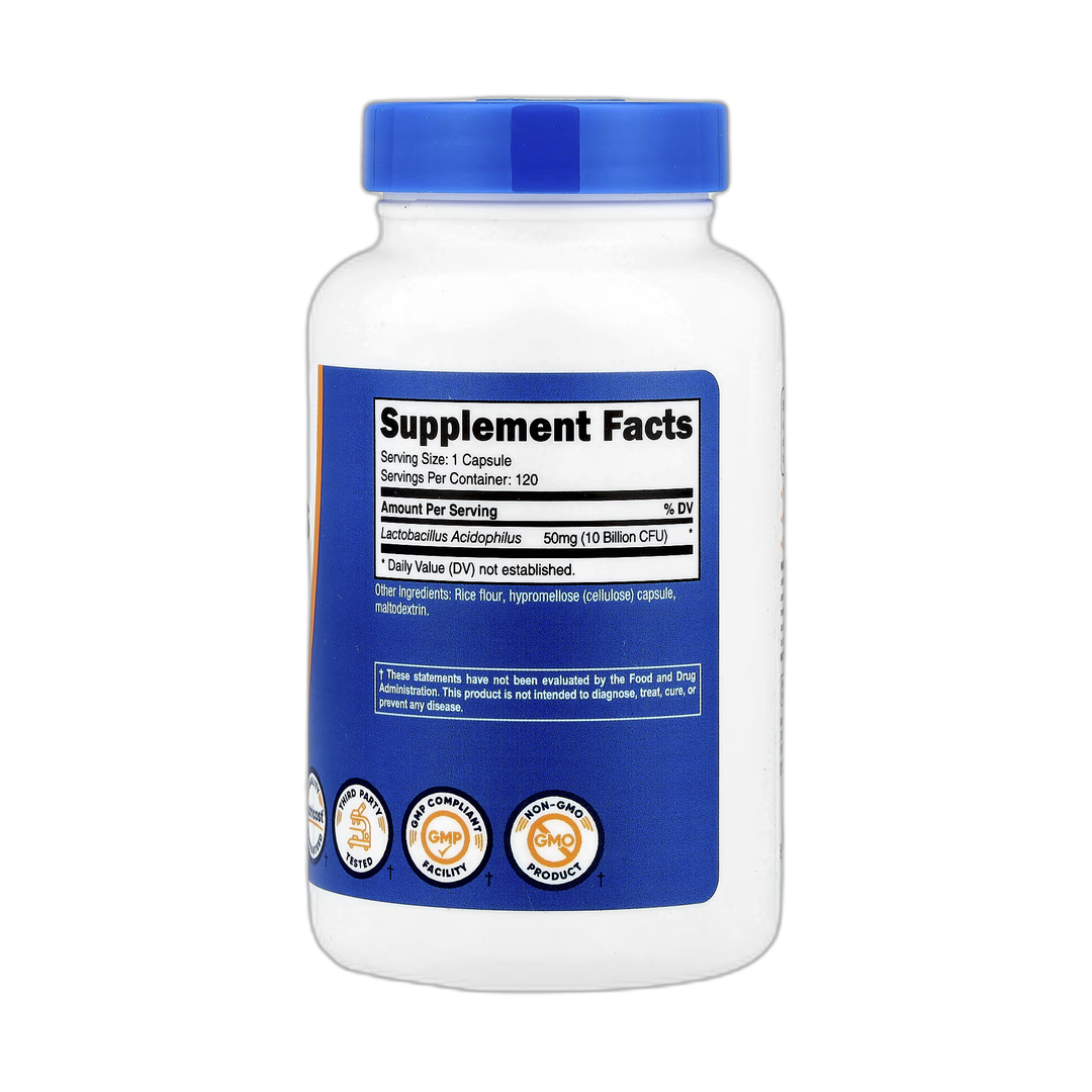 Nutricost, Lactobacillus Acidophilus, 50 mg (10 Billion CFU), 120 Capsules back packaging view