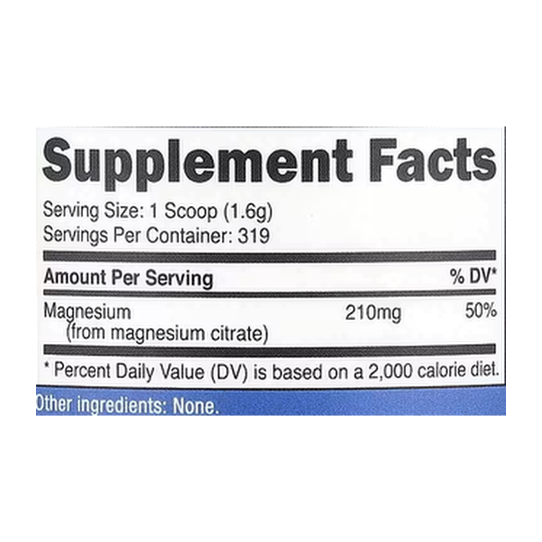 Nutricost, Magnesium Citrate, Unflavored , 210 mg, 17.9 oz, 500 g supplement facts label showing ingredients, vitamins, minerals, and serving information
