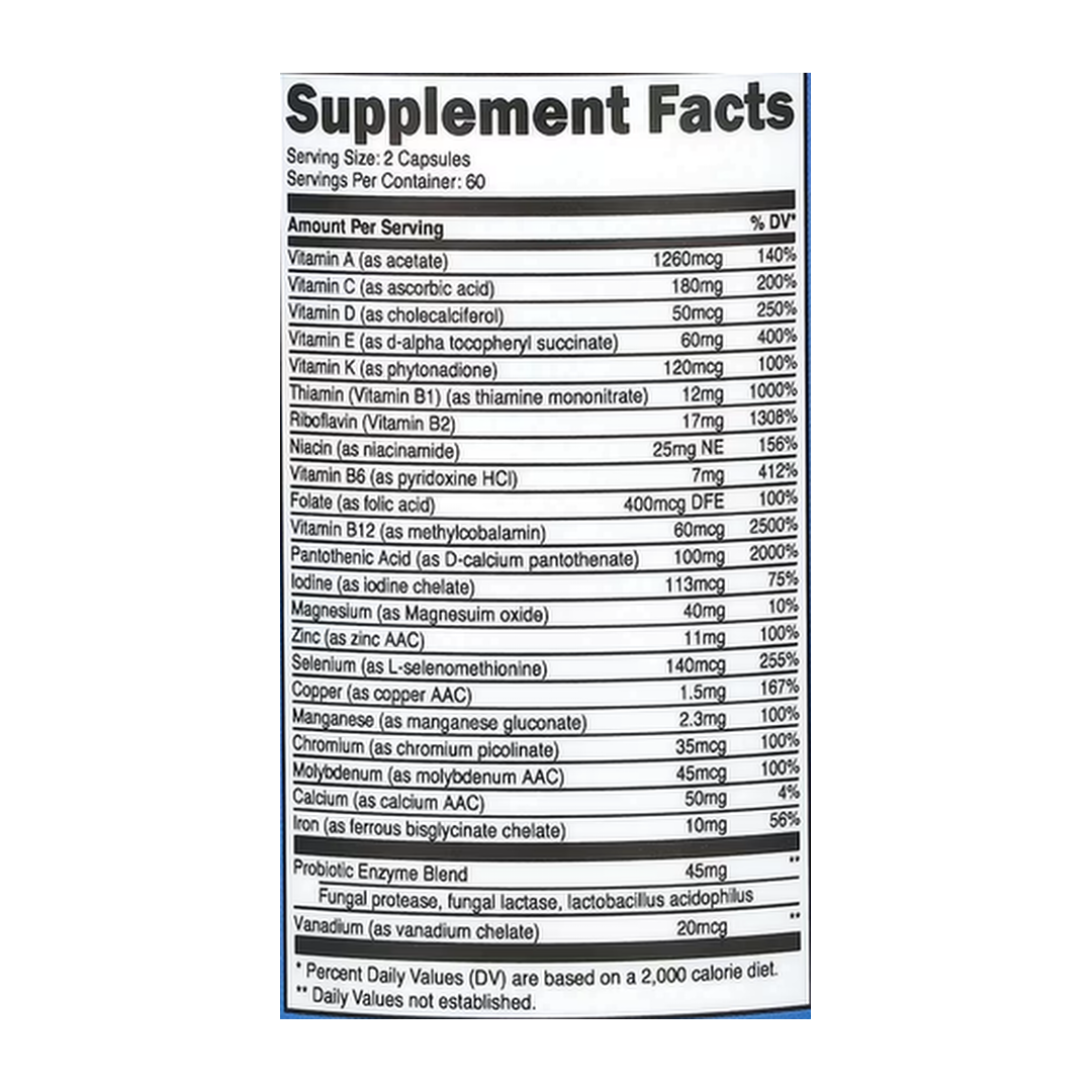 Nutricost, Multivitamin, Probiotics + 22 Vitamins & Minerals , 120 Capsules supplement facts label showing ingredients, vitamins, minerals, and serving information