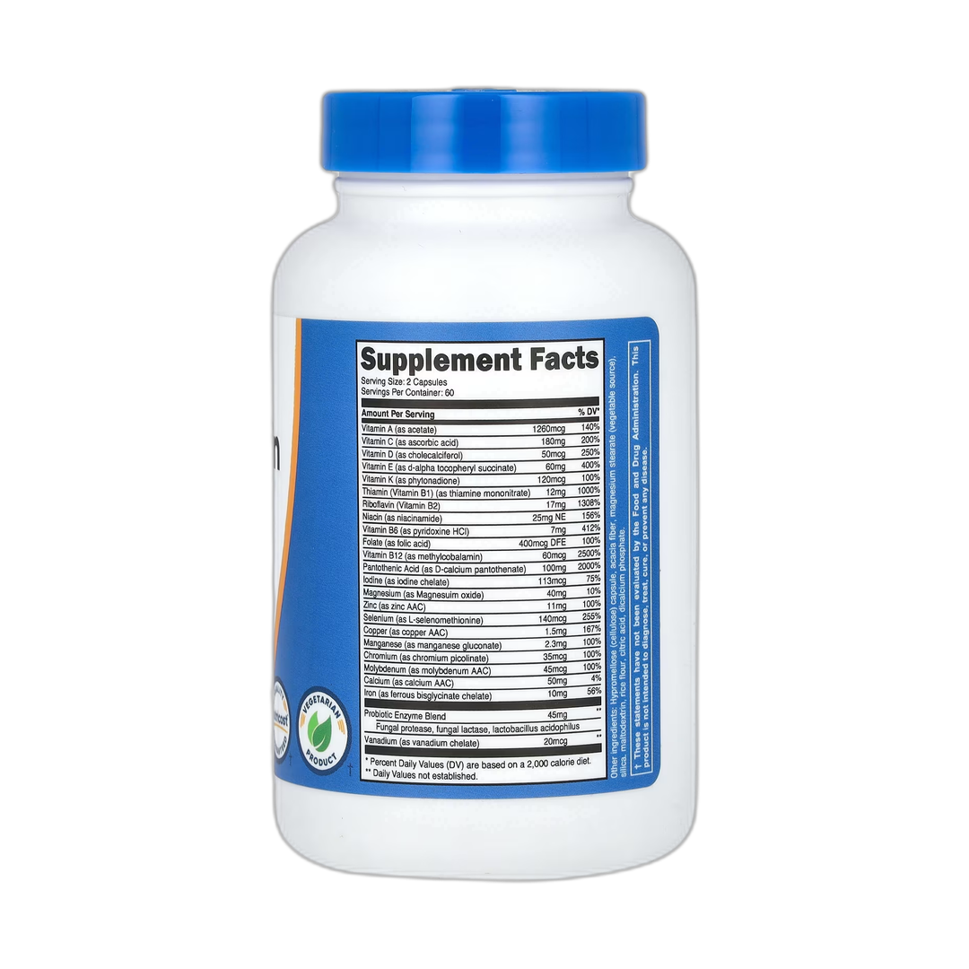 Nutricost, Multivitamin, Probiotics + 22 Vitamins & Minerals , 120 Capsules back packaging view