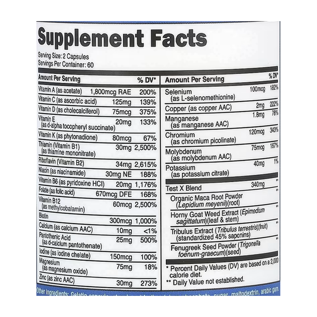 Nutricost, Multivitamin For Men, 120 Capsules supplement facts label showing ingredients, vitamins, minerals, and serving information