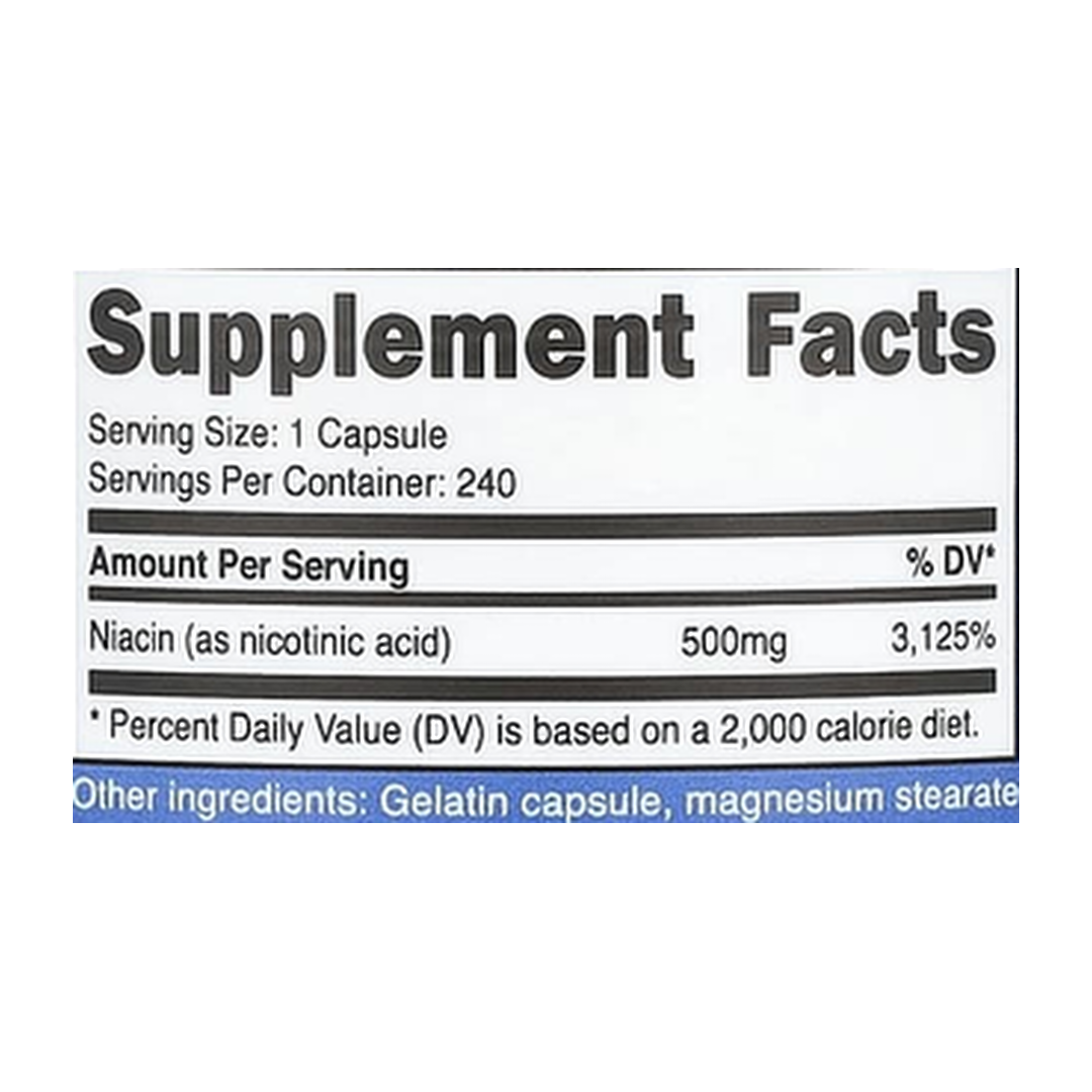 Nutricost, Niacin, 500 mg, 240 Capsules supplement facts label showing ingredients, vitamins, minerals, and serving information