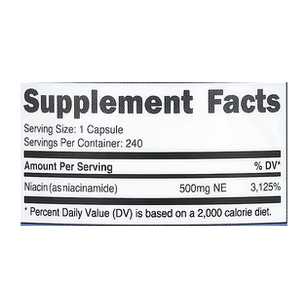 Nutricost, Niacinamide, 500 mg, 240 Capsules supplement facts label showing ingredients, vitamins, minerals, and serving information