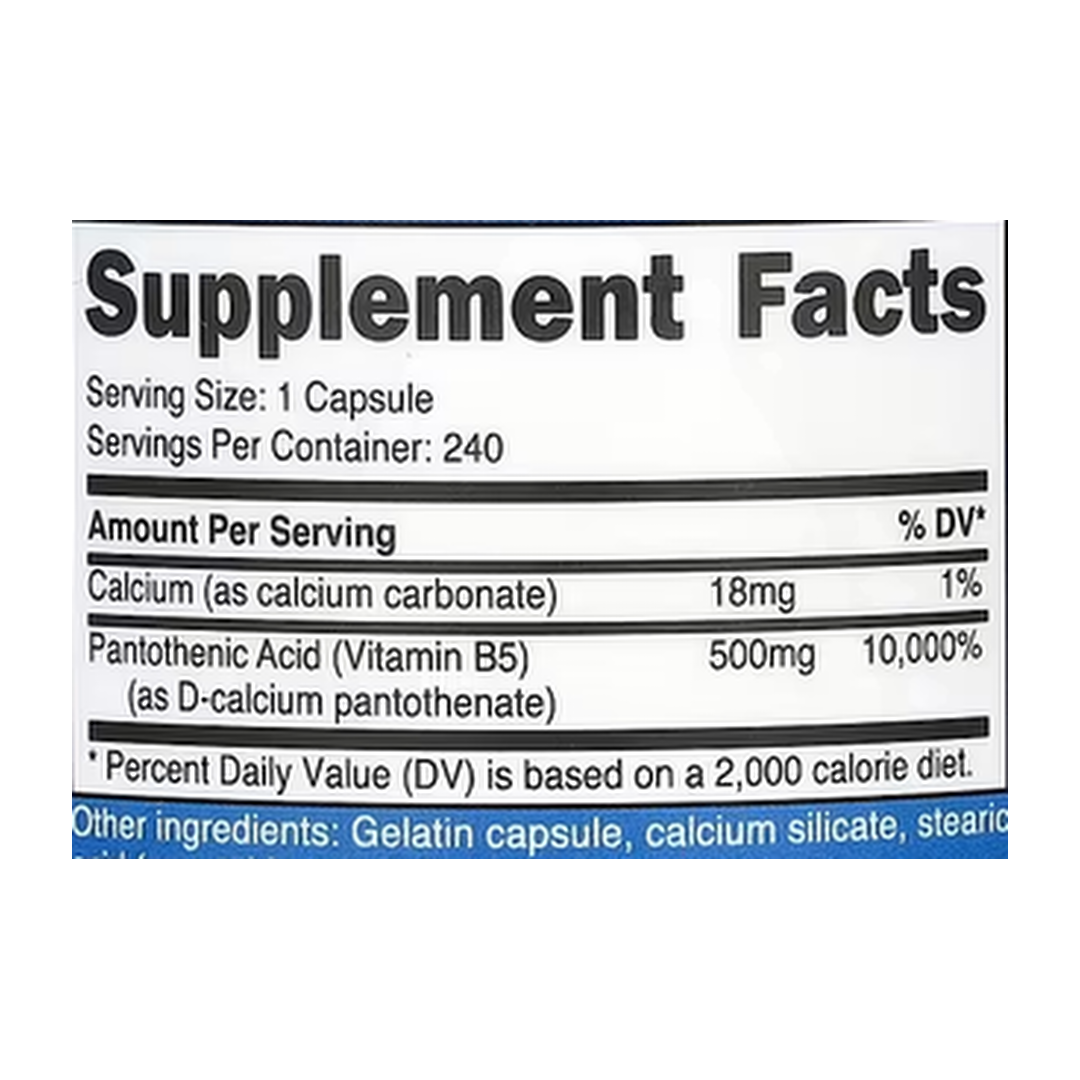 Nutricost, Pantothenic Acid, 500 mg, 240 Capsules supplement facts label showing ingredients, vitamins, minerals, and serving information