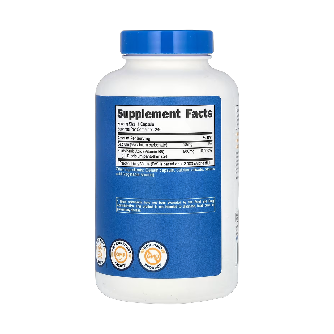 Nutricost, Pantothenic Acid, 500 mg, 240 Capsules back packaging view