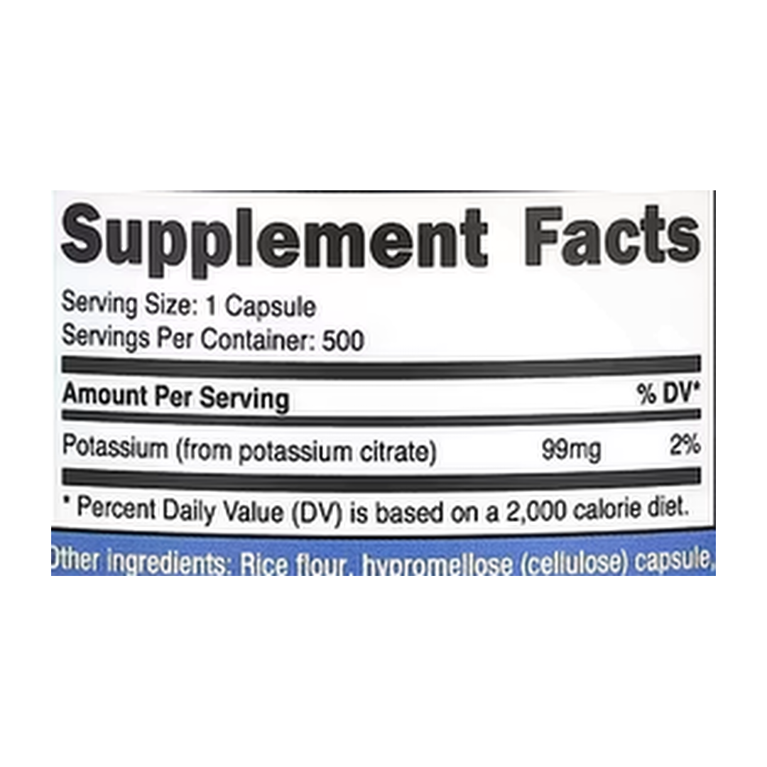 Nutricost, Potassium, 99 mg, 500 Capsules supplement facts label showing ingredients, vitamins, minerals, and serving information