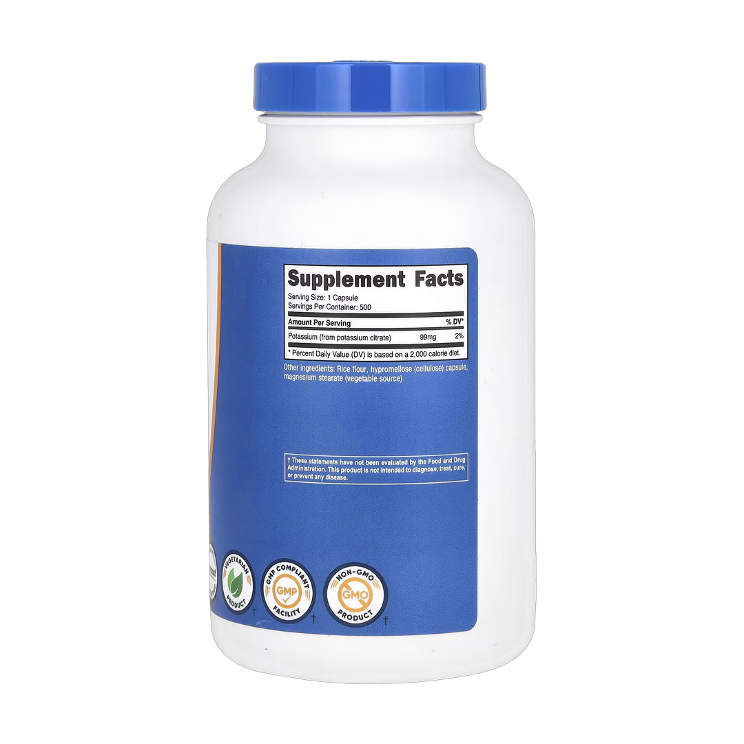 Nutricost, Potassium, 99 mg, 500 Capsules back packaging view