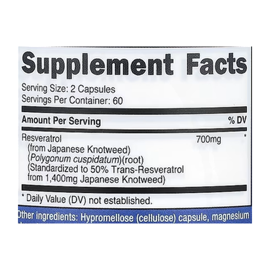 Nutricost, Resveratrol, 120 Capsules supplement facts label showing ingredients, vitamins, minerals, and serving information