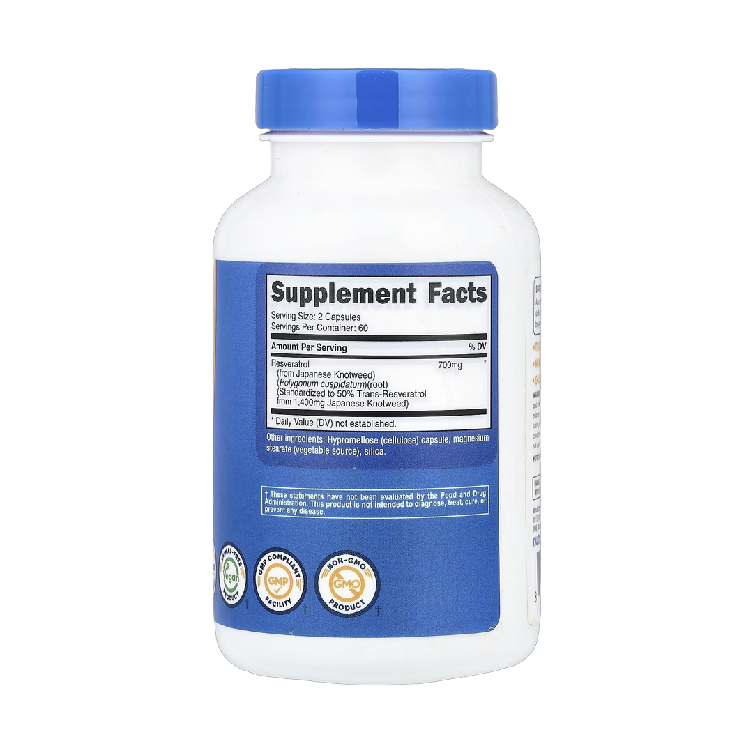 Nutricost, Resveratrol, 120 Capsules back packaging view