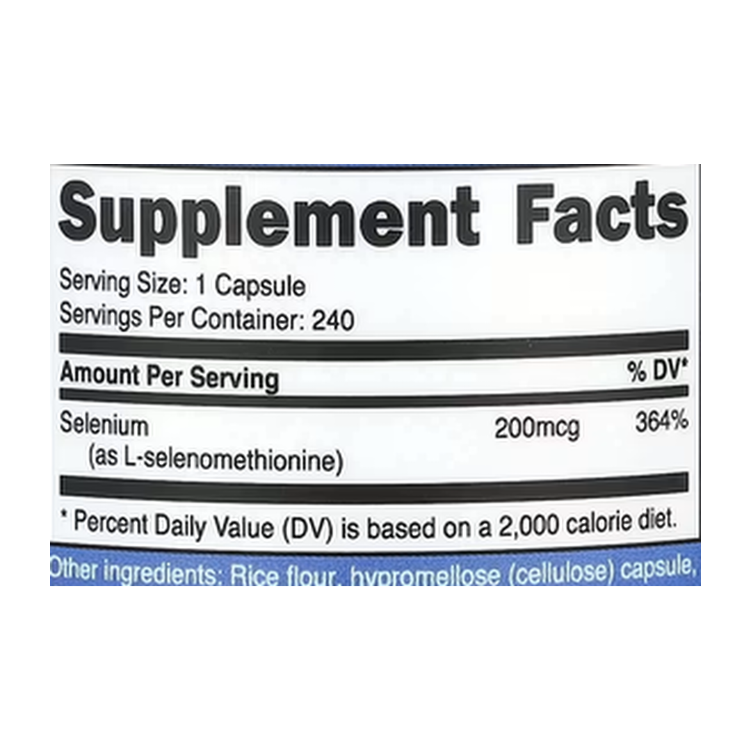 Nutricost, Selenium, 200 mcg, 240 Capsules supplement facts label showing ingredients, vitamins, minerals, and serving information