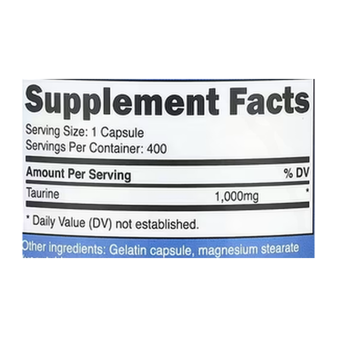 Nutricost, Taurine, 1,000 mg , 400 Capsules supplement facts label showing ingredients, vitamins, minerals, and serving information