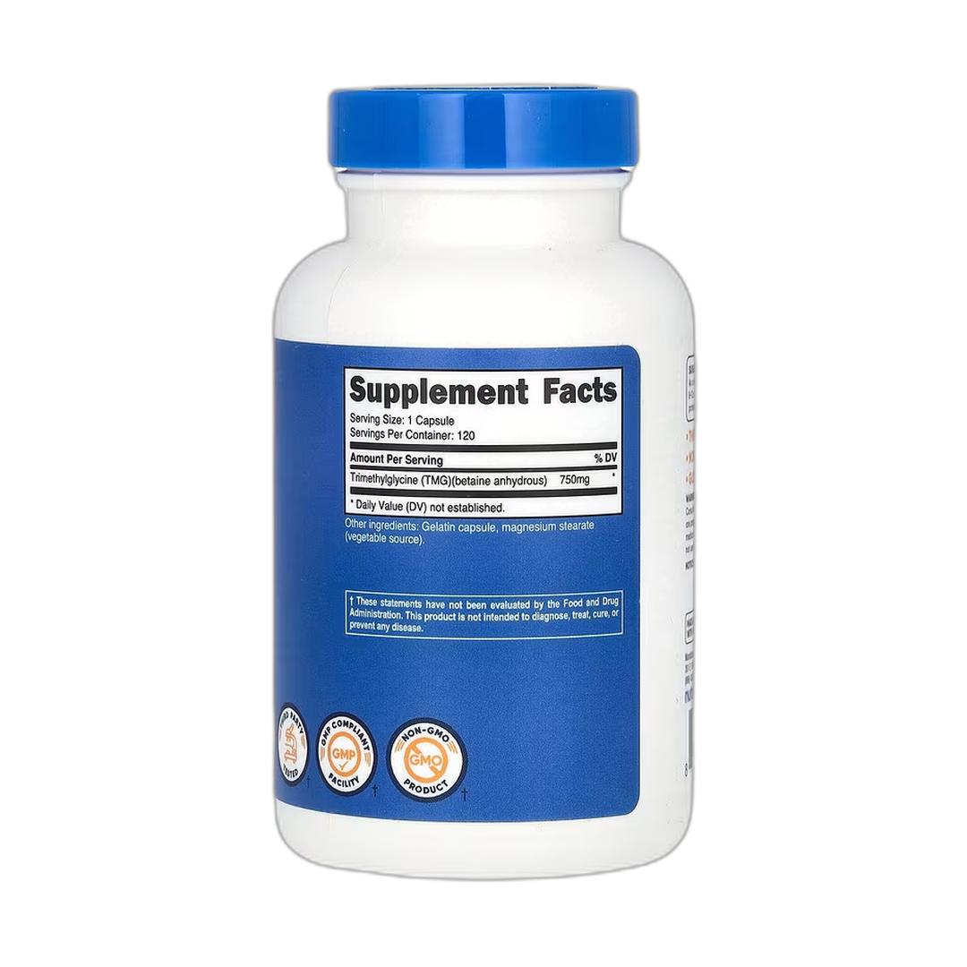 Nutricost, TMG, 750 mg, 120 Capsules back packaging view
