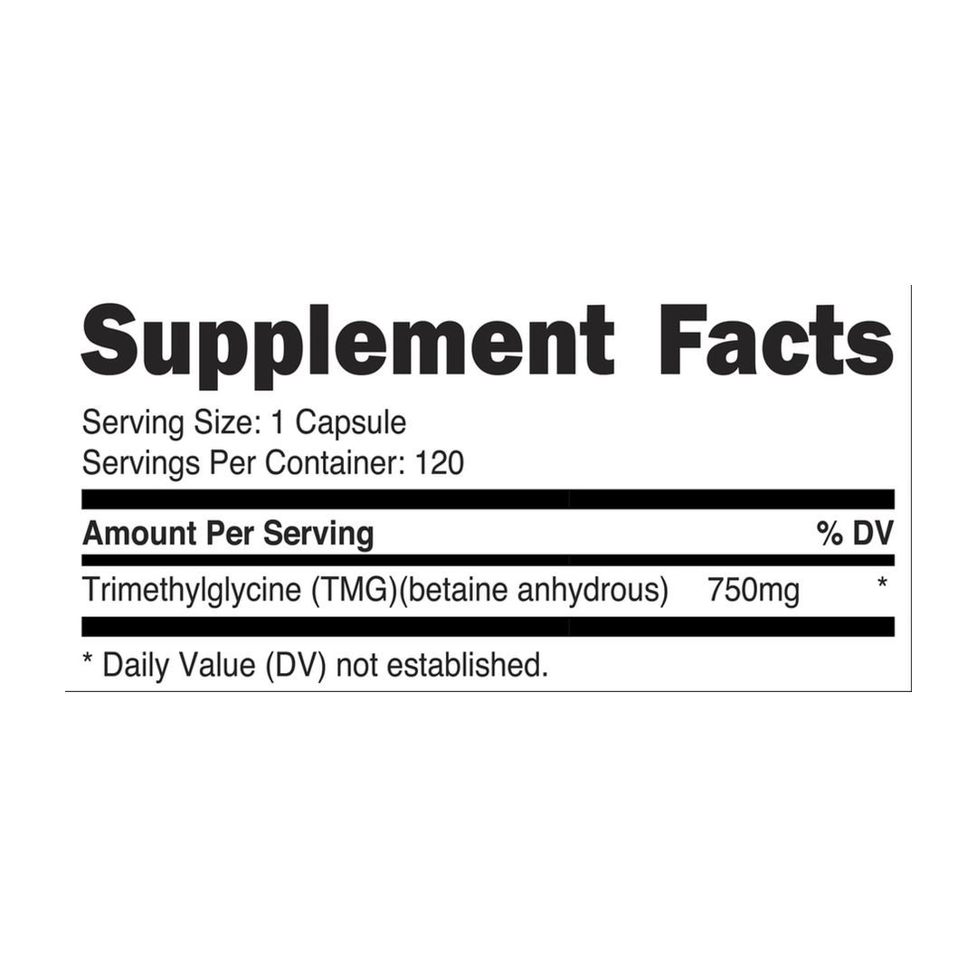 Nutricost, TMG, 750 mg, 120 Capsules supplement facts label showing ingredients, vitamins, minerals, and serving information